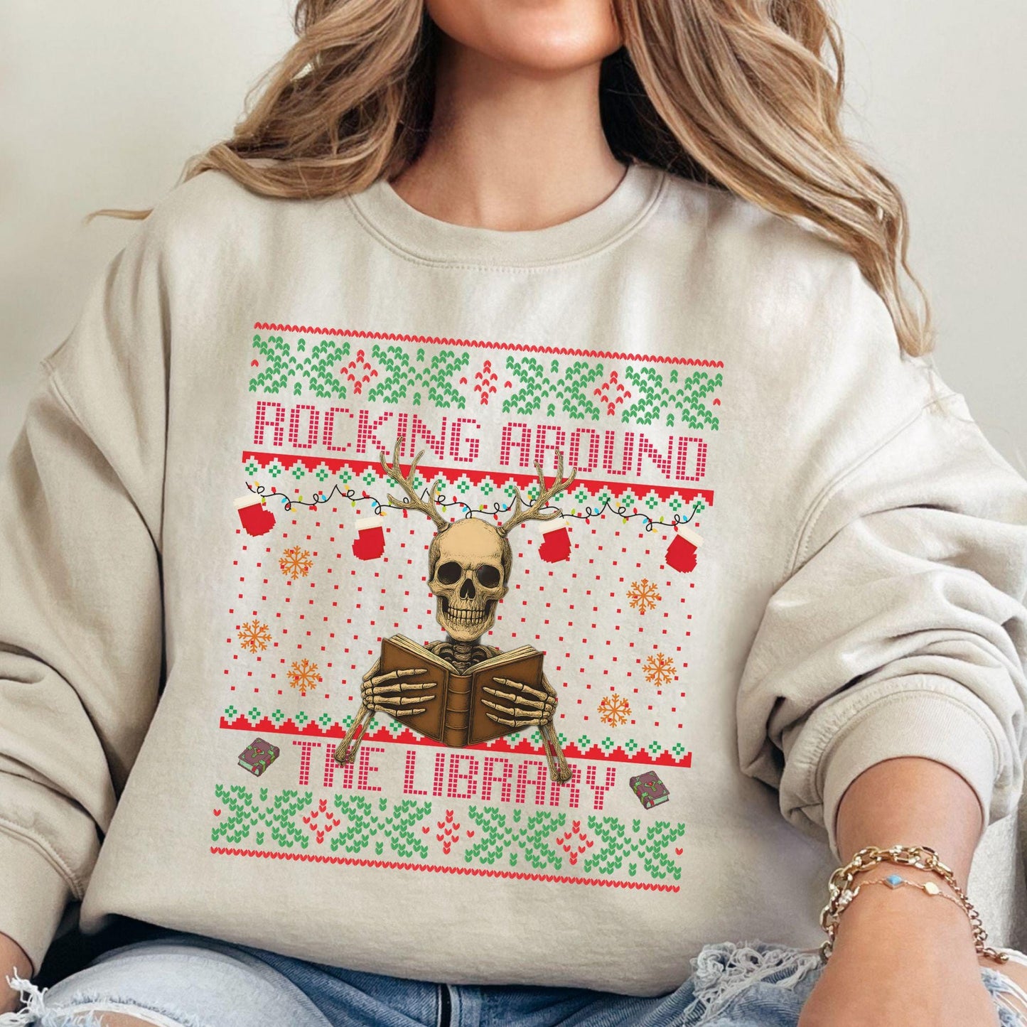 Rockin' Around the Christmas Tree Shirt Ugly Christmas Book Lover Sweatshirt Funny Skeleton Shirt Reindeer Sweatshirt
