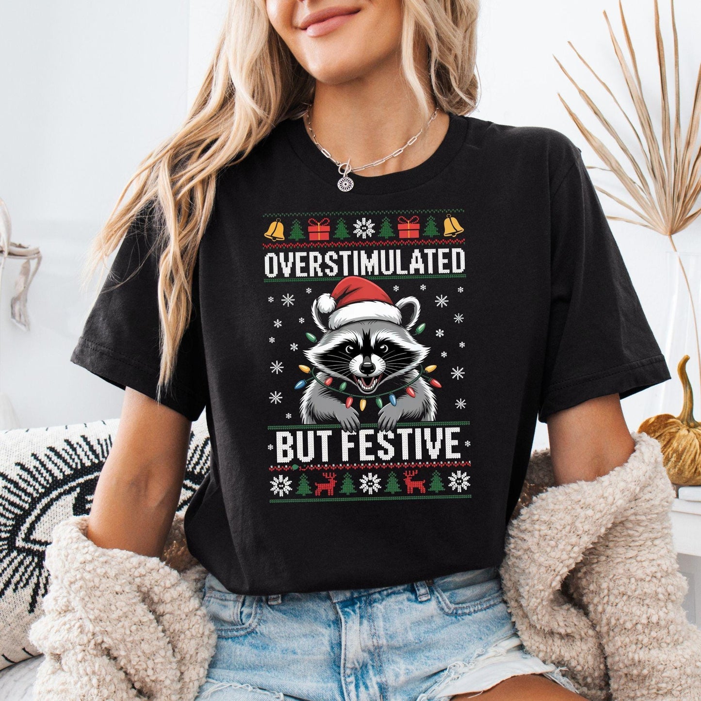 Funny Overstimulated Raccoon Christmas Sweatshirt: Ugly Holiday