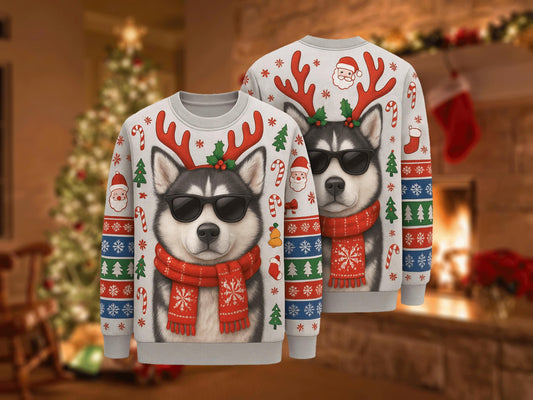 Ugly Christmas Sweater Husky Dog, Funny Reindeer Xmas Sweatshirt, Holiday Party Outfit, Cool Pet Lover Winter Gift Pullover