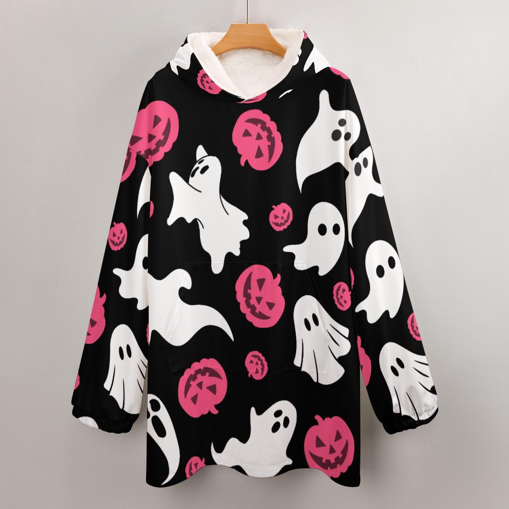 Oversized Pink Ghost Hoodie Blanket | Wearable Winter Blanket with Front Pocket, Jack o Lantern Ghost Blanket with Hoodie