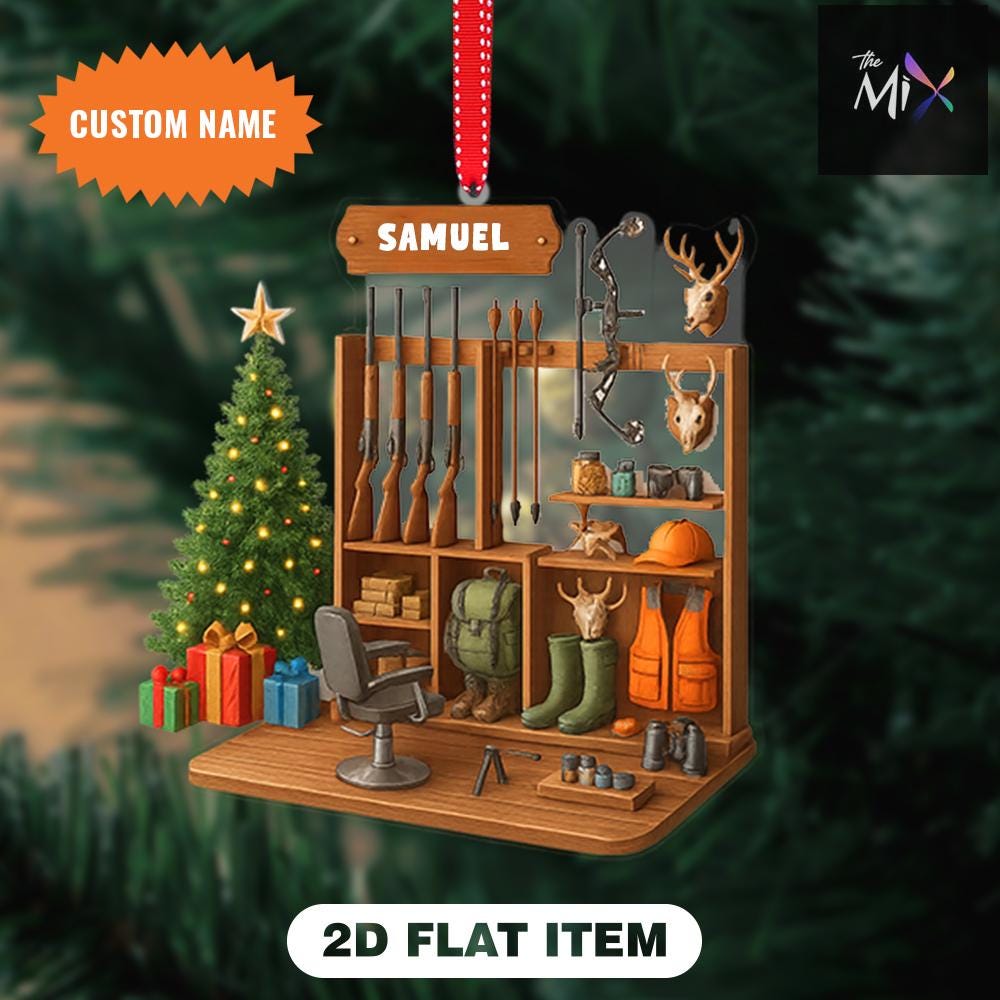 Custom Name Hunting Room Ornament, 2D Flat Ornament,  Acrylic or Wood Personalized Gift, Hunter Christmas Ornament Gift, Gift for Hunter