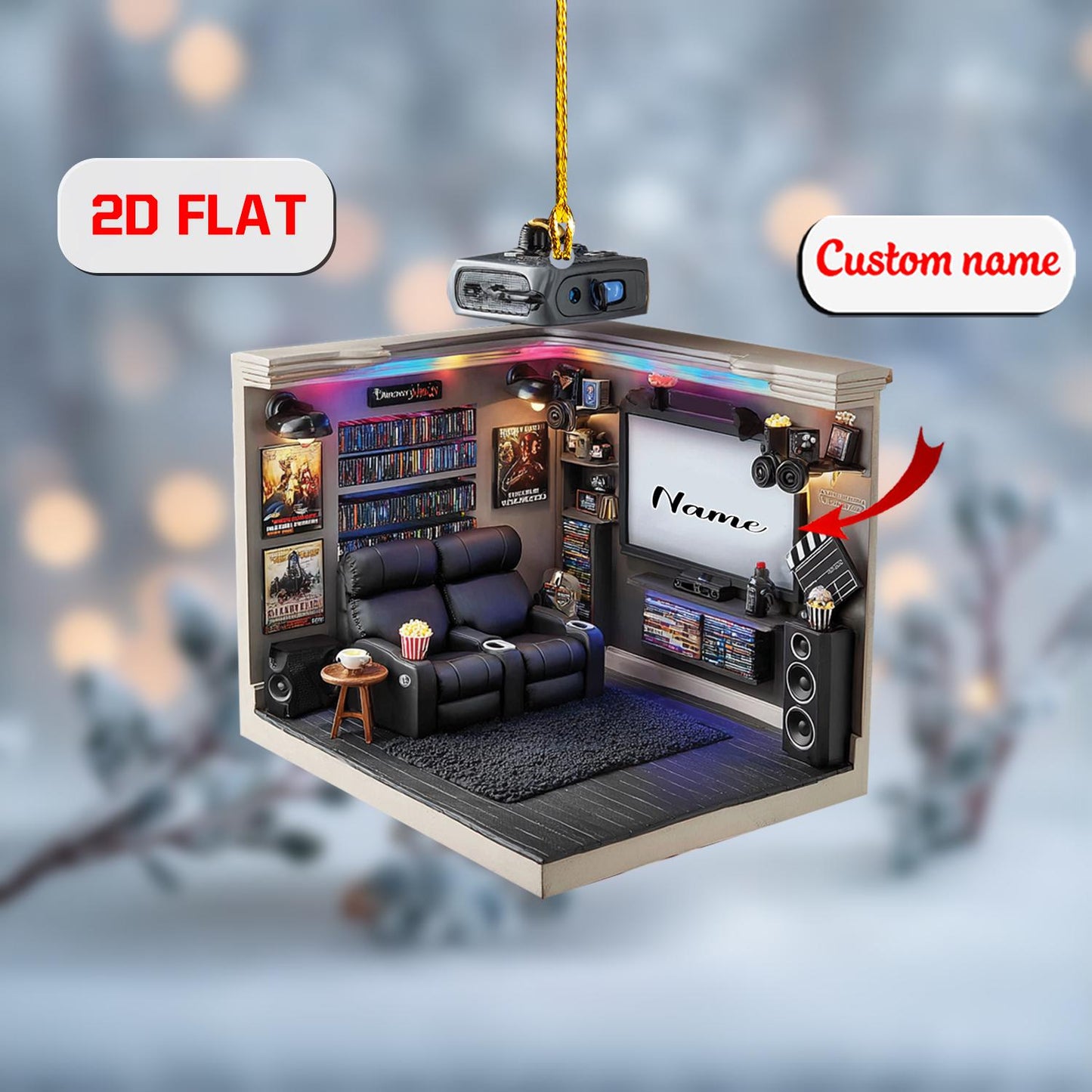 2D home theater acrylic ornament, personalized movie room Christmas decor, custom name ornament, holiday tree decoration, christmas gift