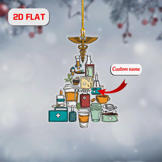 Personalized Medical Ornament Christmas Tree, Custom Name Nurse Doctor Gift, Healthcare Coffee Ornament for Medical Professional