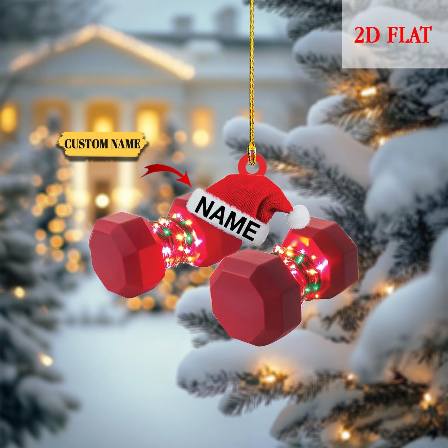 Personalized Dumbbell Fitness Christmas Ornament, Gift For Gym Lover, Xmas Tree Hanging Decoration, Light Weight Dumbbells 2D Flat Ornament