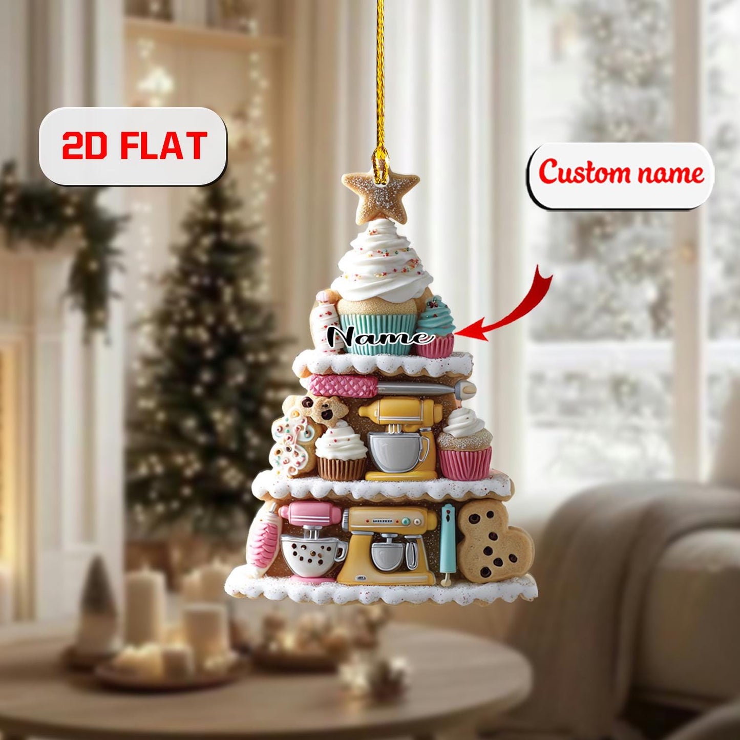 2D acrylic ornament, flat christmas ornament, personalized baking ornament, custom name ornament, cupcake ornament, baker xmas gift