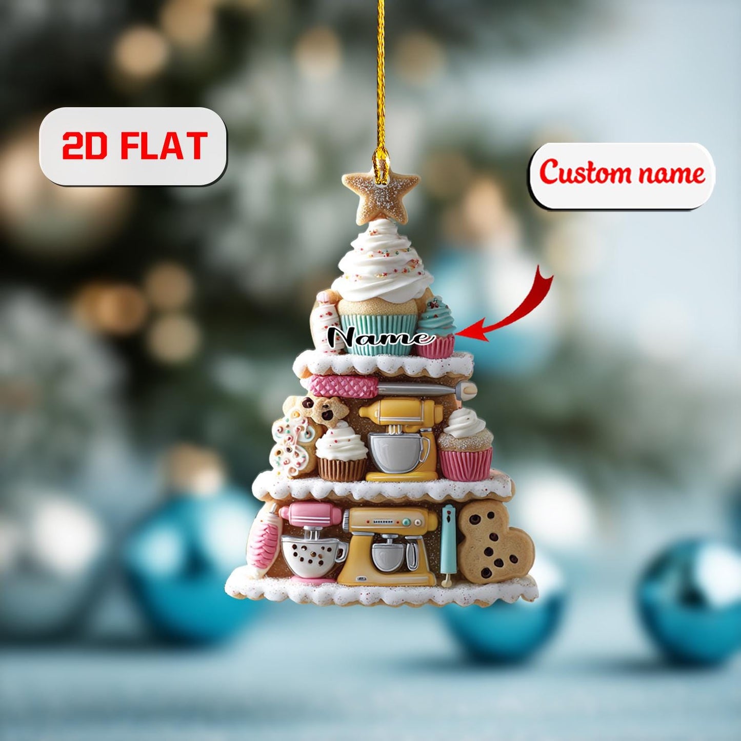 2D acrylic ornament, flat christmas ornament, personalized baking ornament, custom name ornament, cupcake ornament, baker xmas gift