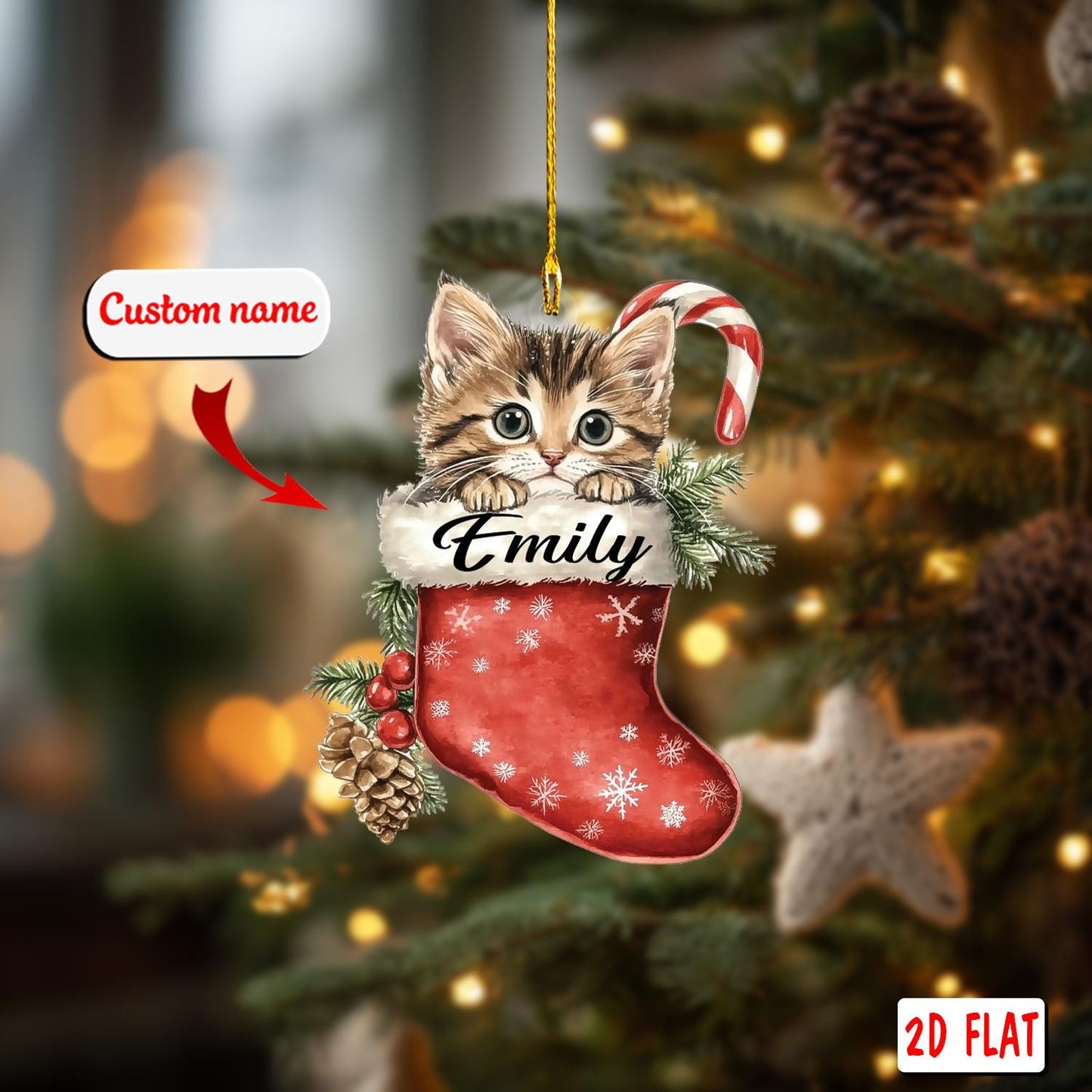 2D acrylic ornament, flat christmas ornament, personalized cat ornament, custom name ornament, kitten stocking ornament, pet xmas gift