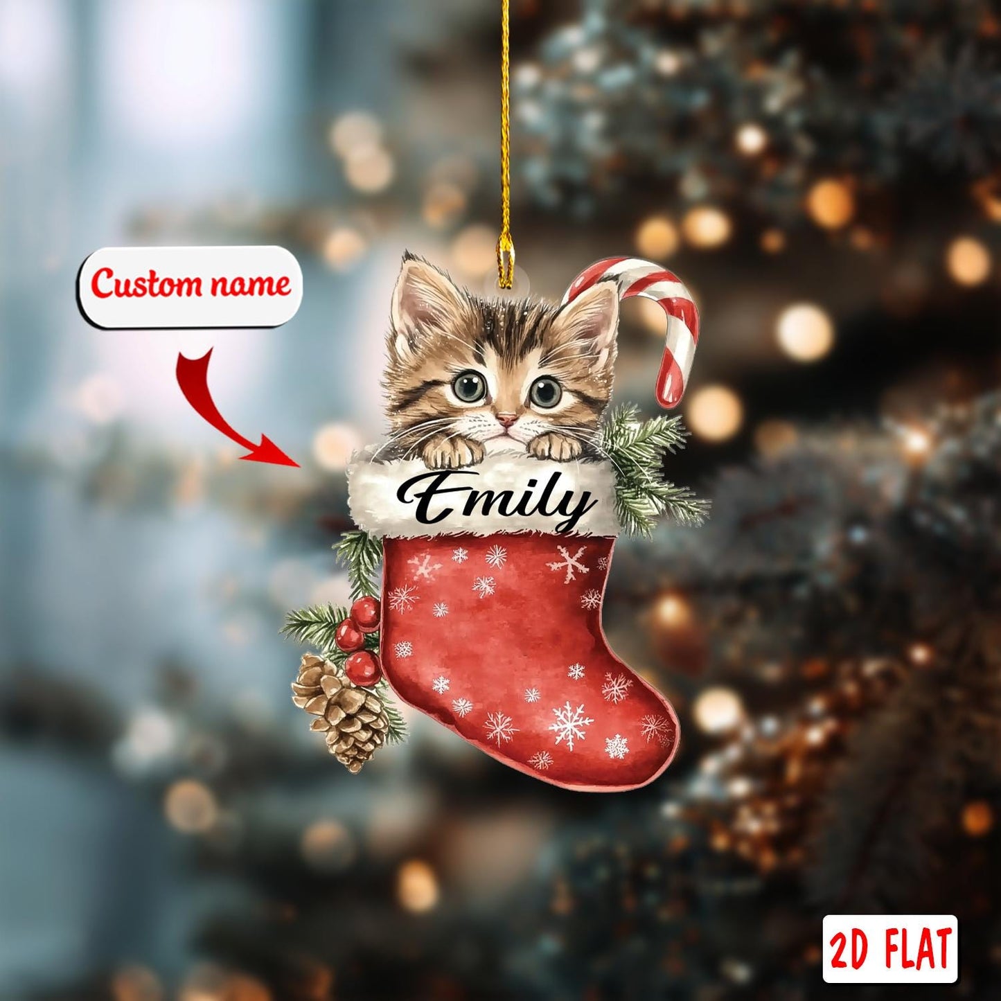 2D acrylic ornament, flat christmas ornament, personalized cat ornament, custom name ornament, kitten stocking ornament, pet xmas gift