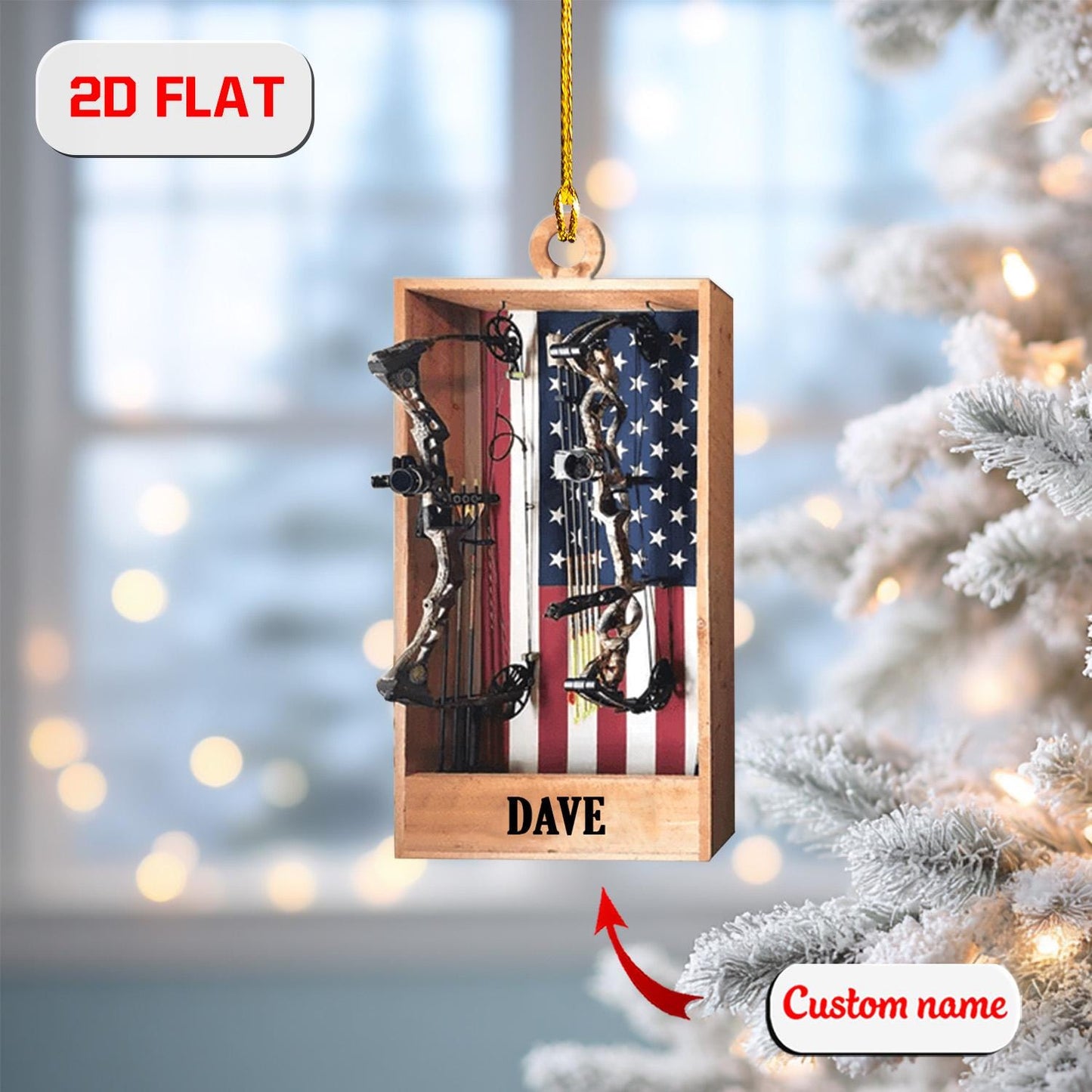 2D Acrylic Christmas Ornament, Bow Hunting Archery Holiday Decor with USA Flag, Hunter Ornament for Men, Outdoor Xmas Gift, Christmas Gift
