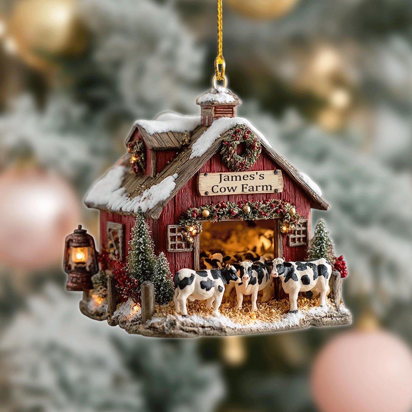 Personalized Cow Farm Christmas Ornament, Custom Name Rustic Barn Holiday Decor Gift for Farmers and Country Living Lovers, 2D Flat ornament