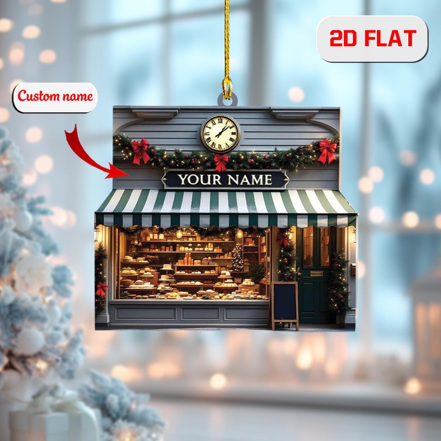 2D Acrylic Christmas Ornament, Bakery Storefront Holiday Decor with Bread and Pastries, Personalized Baker Ornament, Christmas Gift