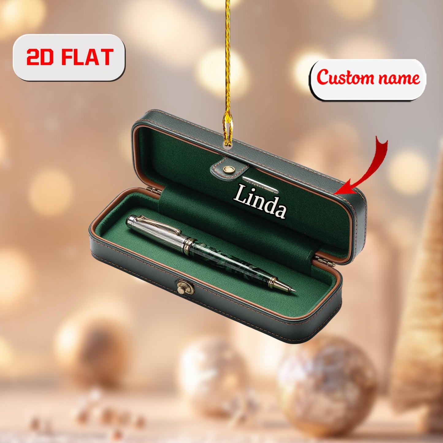 Personalized Pen Ornament Custom Name, Acrylic Christmas Decoration with Pen Case, Teacher Writer Office Ornament Gift for Coworker Boss