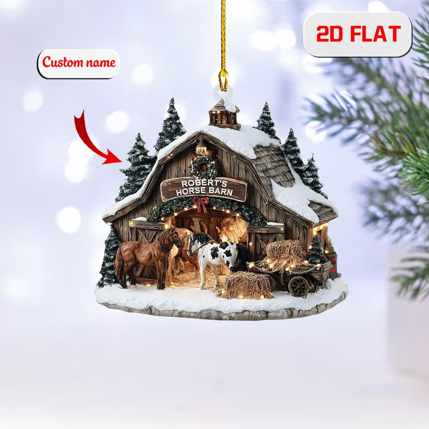 Personalized Horse Barn Christmas Ornament 2025, Custom Name Farm Ornament with Horses, 2D Flat Acrylic Decoration, Unique Xmas Gift
