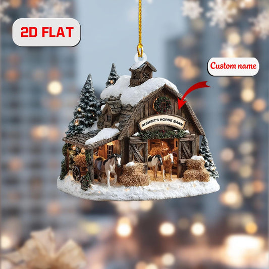 Personalized Horse Barn Christmas Ornament, Custom Name Farmhouse Ornament with Horses, 2D Flat Acrylic Decoration, Gift for Horse Lovers