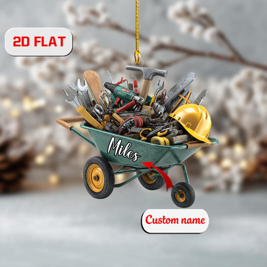 Personalized Wheelbarrow Tools Christmas Ornament, Custom Name Construction Ornament, 2D Flat Acrylic Decor, Gift for Builders & Handymen