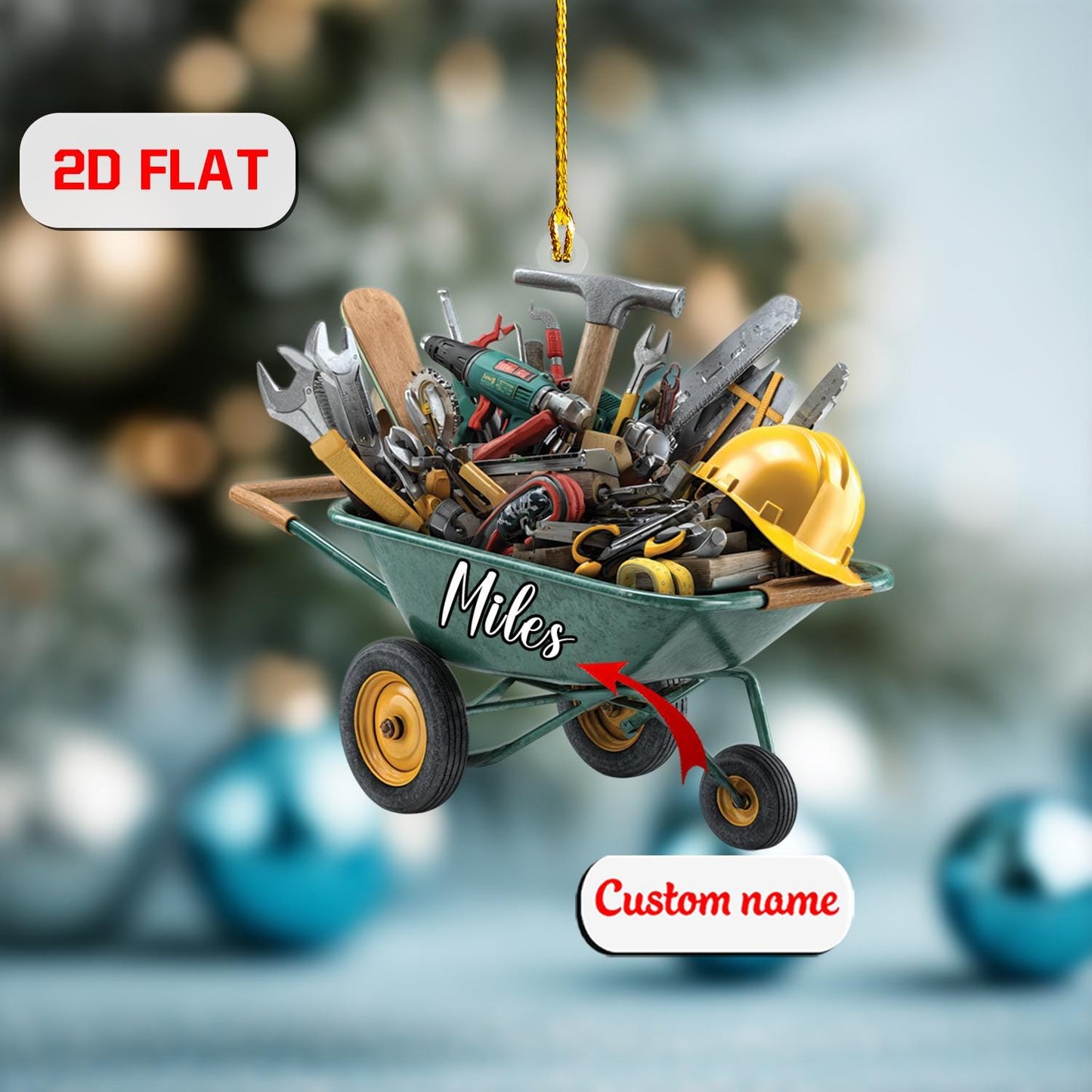 Personalized Wheelbarrow Tools Christmas Ornament, Custom Name Construction Ornament, 2D Flat Acrylic Decor, Gift for Builders & Handymen