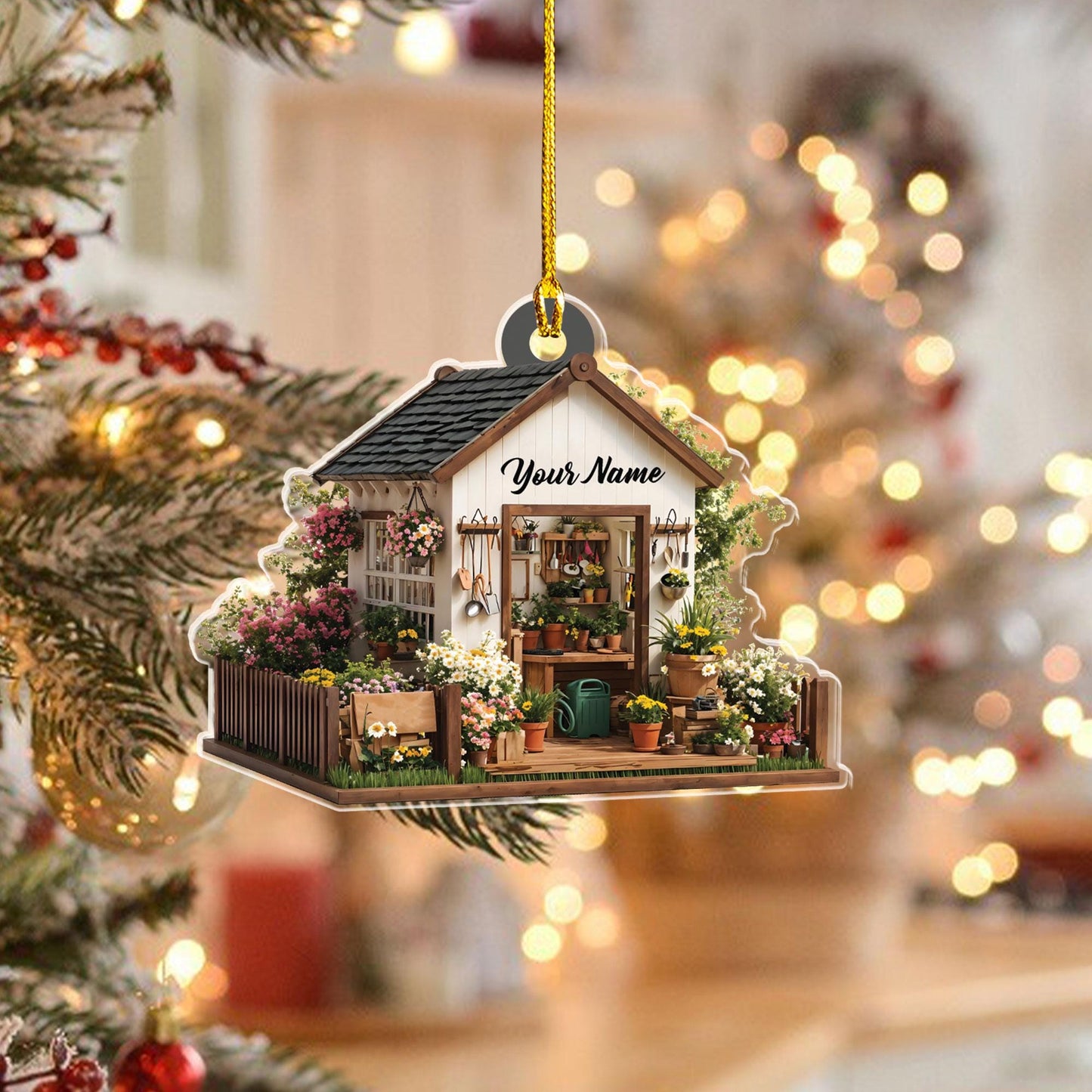 Personalized Garden House Shape Flat Ornament, Gardening Xmas Ornament, Xmas Gift for Gardener, Plant Lover Gift, Gardening Lover