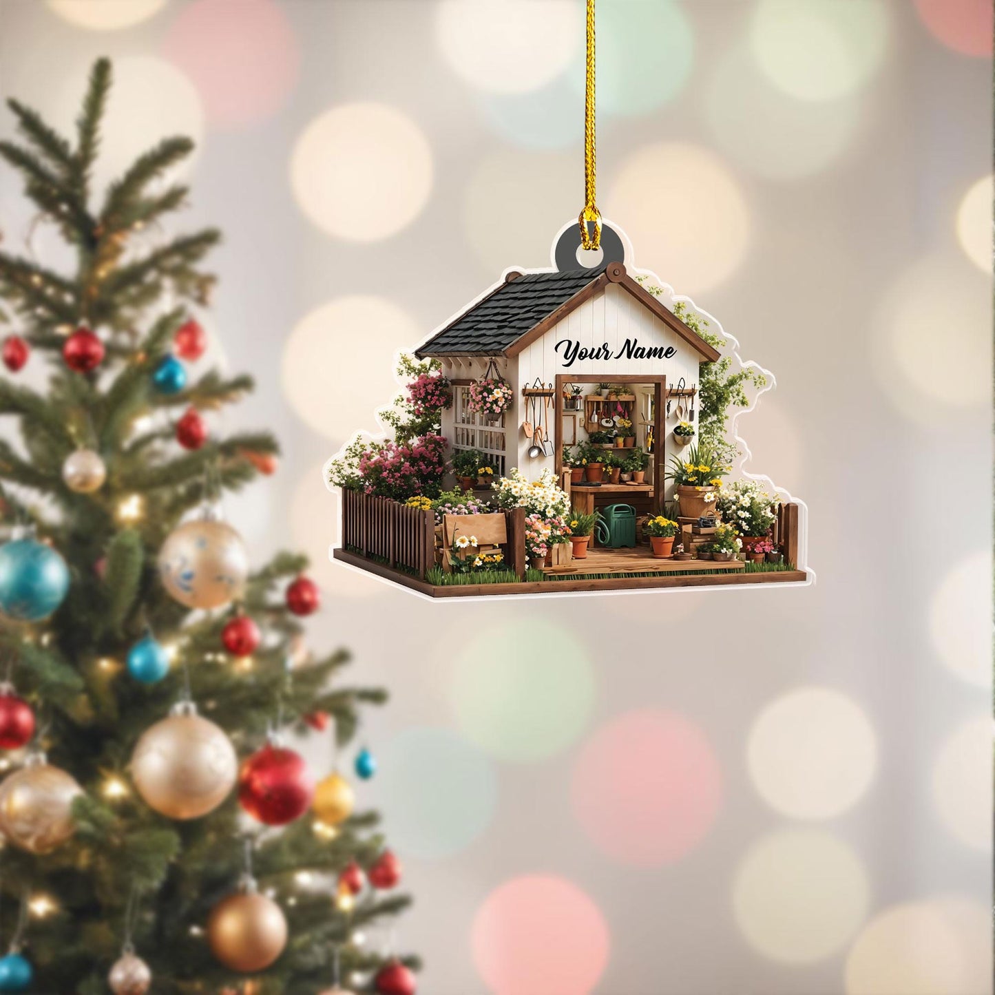 Personalized Garden House Shape Flat Ornament, Gardening Xmas Ornament, Xmas Gift for Gardener, Plant Lover Gift, Gardening Lover