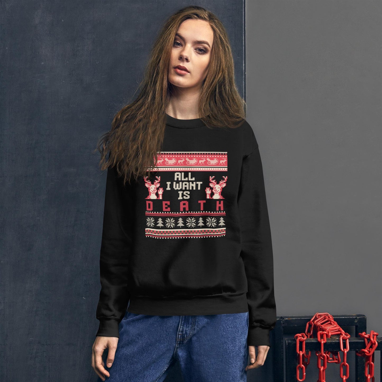 All I Want Is Death Christmas Jumper | Funny Dark Humour Xmas | Ugly Holiday Knitwear | Alternative Gothic Party Outfit