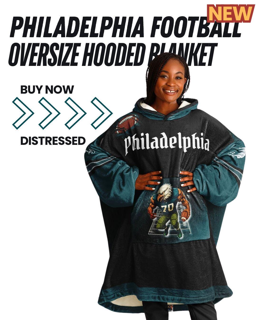 Philadelphia Football Oversized Hooded Blanket: Bird Black Distressed Player Cuddle Hoodie