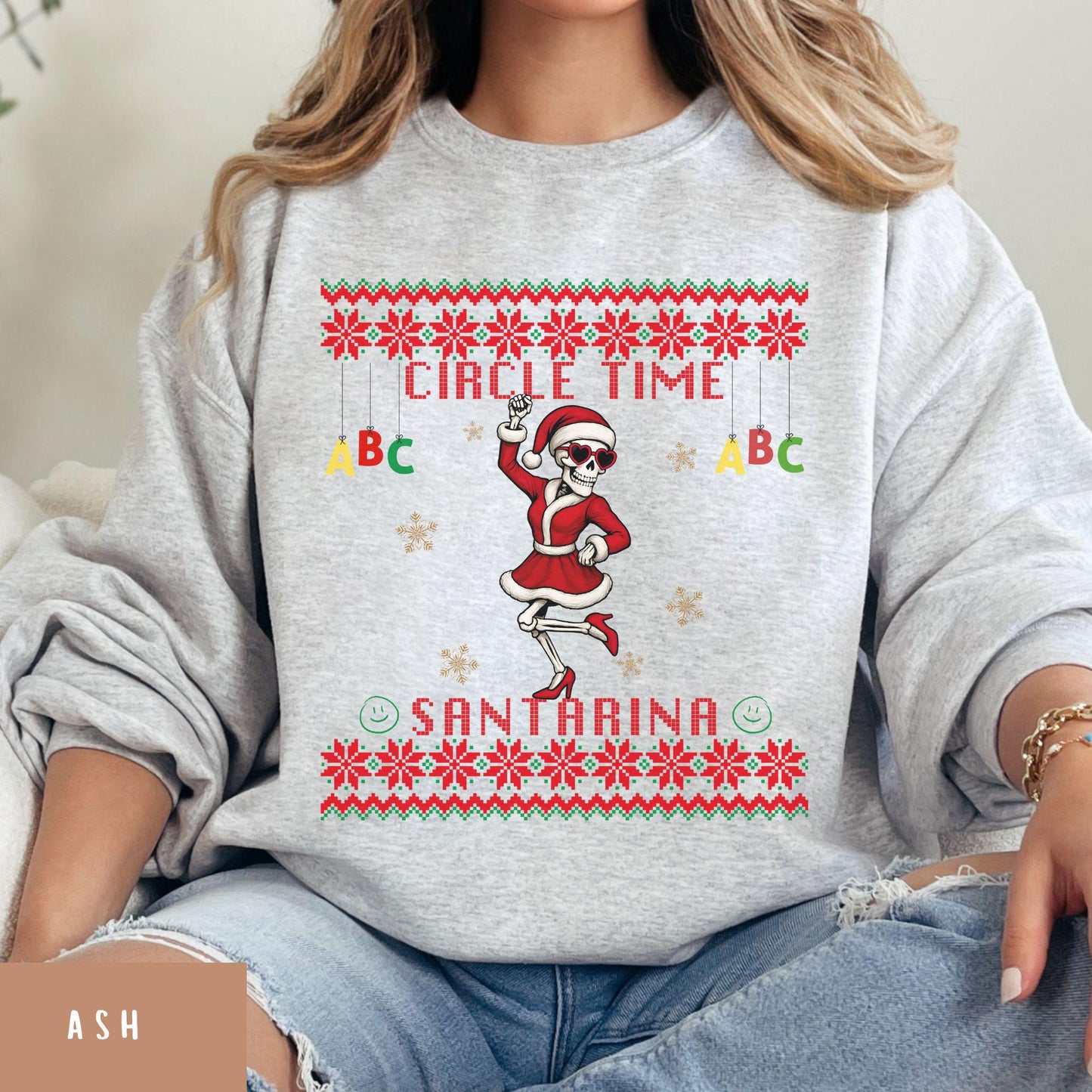 Ugly Christmas For Pre-K Teacher Christmas Skeleton Santa Sweatshirt Funny Christmas for Teacher Ugly Xmas
