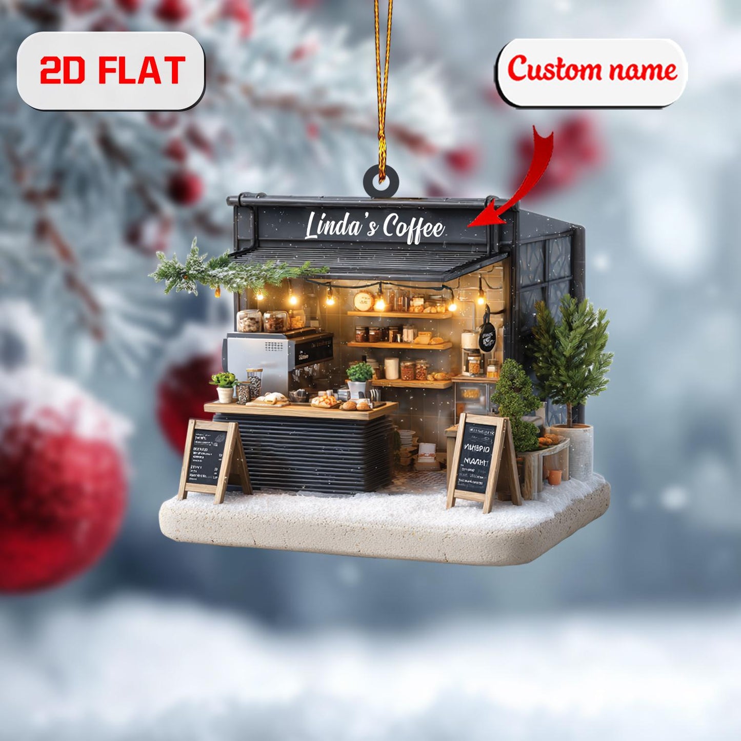 Personalized Coffee Shop Christmas Ornament , Custom Name Cafe Owner Gift, Holiday Tree Decoration for Barista, Coffee Lover & Small Biz