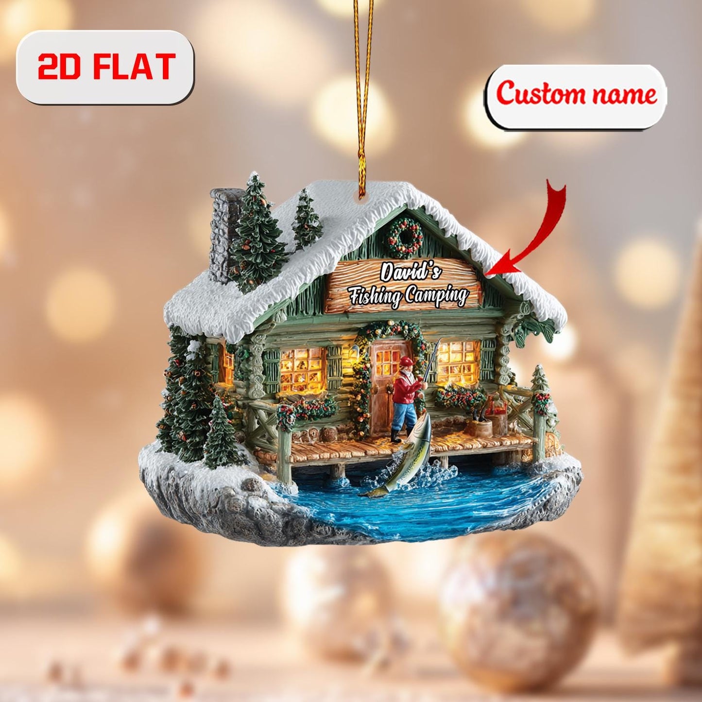 Personalized Fishing Cabin Christmas Ornament , Custom Name Camping Gift, Holiday Tree Decoration for Fisherman, Outdoor & Nature Lover