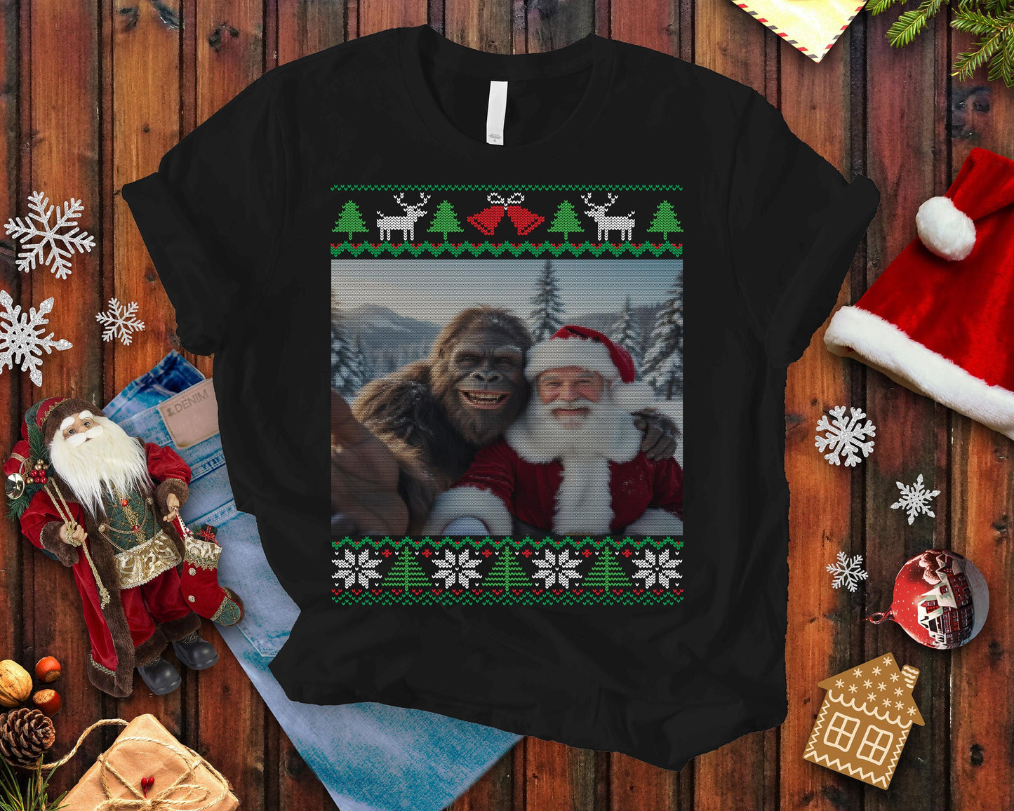 Bigfoot Taking a Selfie With Santa Ugly Christmas Party Design T-shirt for Men and Women Who Love Sasquatch Tee Shirt