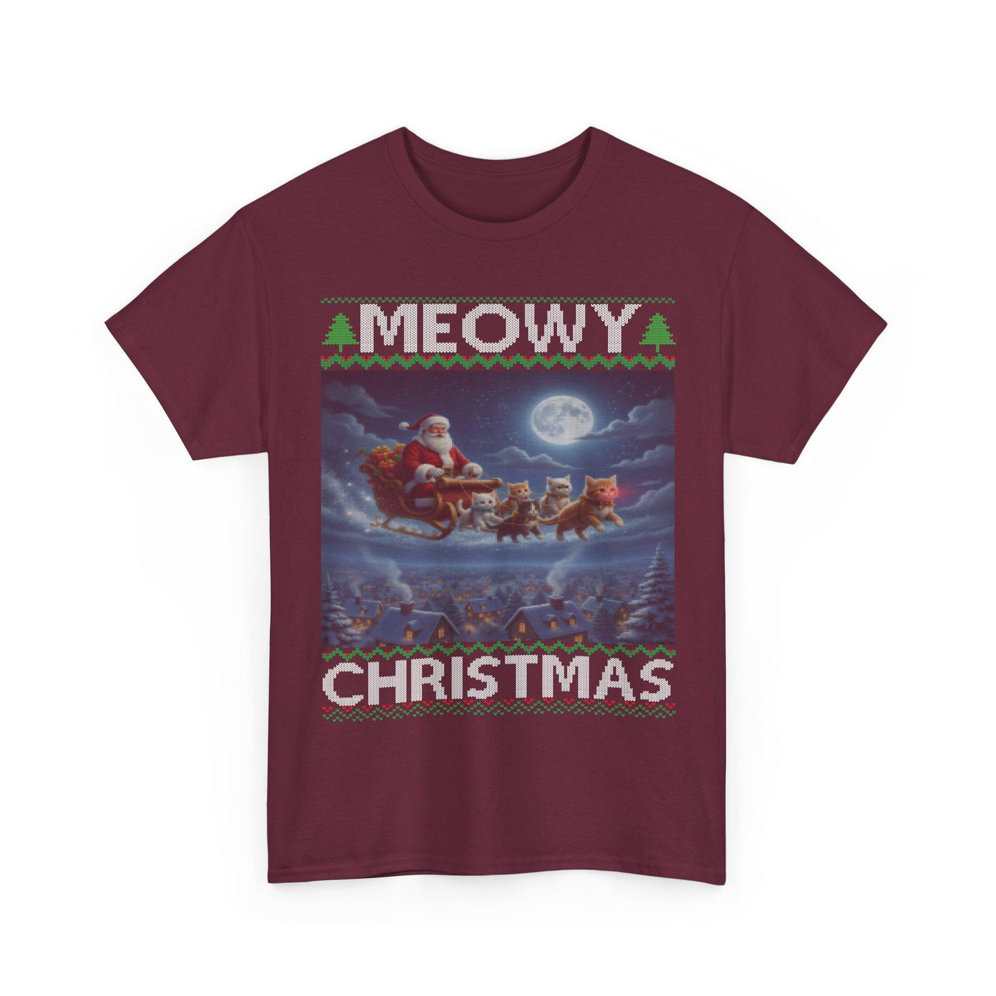 Cat Themed Ugly Christmas Style T-shirt 100% Cotton ; Kittens Flying Santa Sleigh