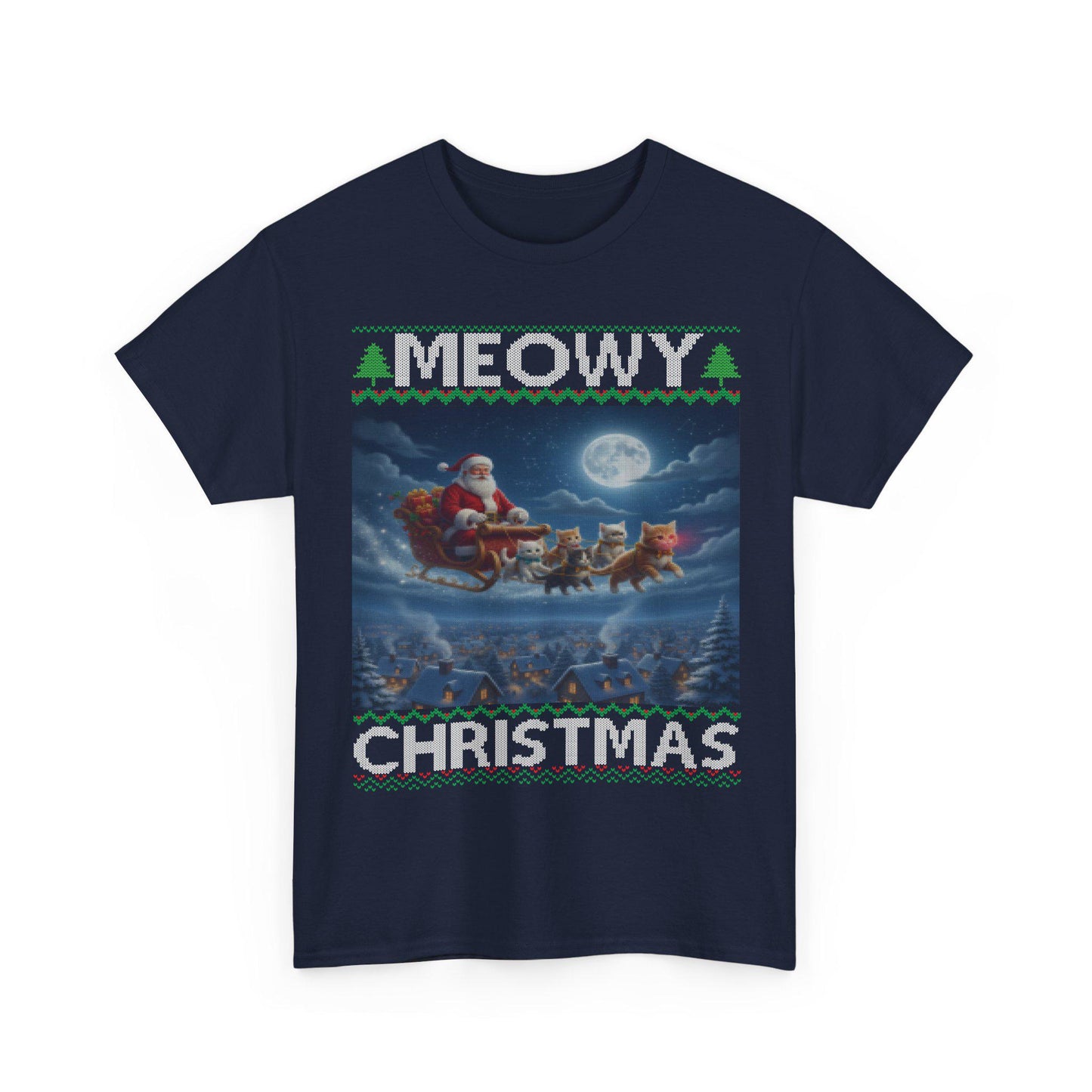 Cat Themed Ugly Christmas Style T-shirt 100% Cotton ; Kittens Flying Santa Sleigh