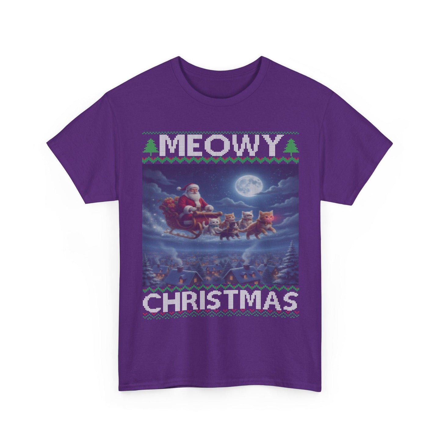 Cat Themed Ugly Christmas Style T-shirt 100% Cotton ; Kittens Flying Santa Sleigh