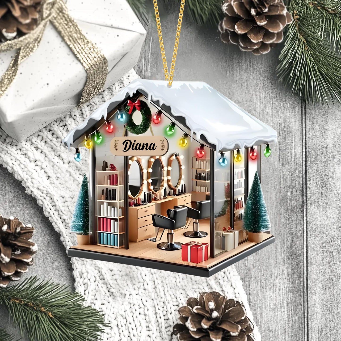 Personalized Hair Salon Christmas Ornament, Hair Salon 2D Flat Xmas Tree Decor, Acrylic Christmas gift, Gift For Hairdresser, Gift For Her