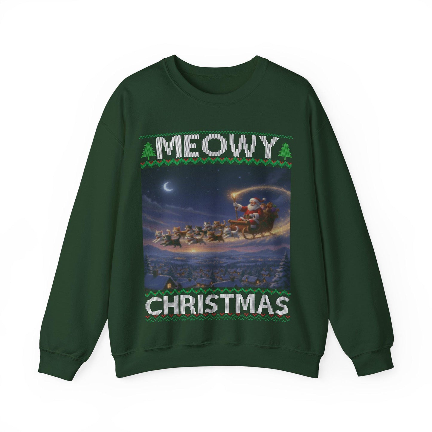 Cat Themed Ugly Christmas Sweatshirt 100% Cotton ; Kittens Pull Santa Sleigh Graphic Design Kitty Tee Shirt