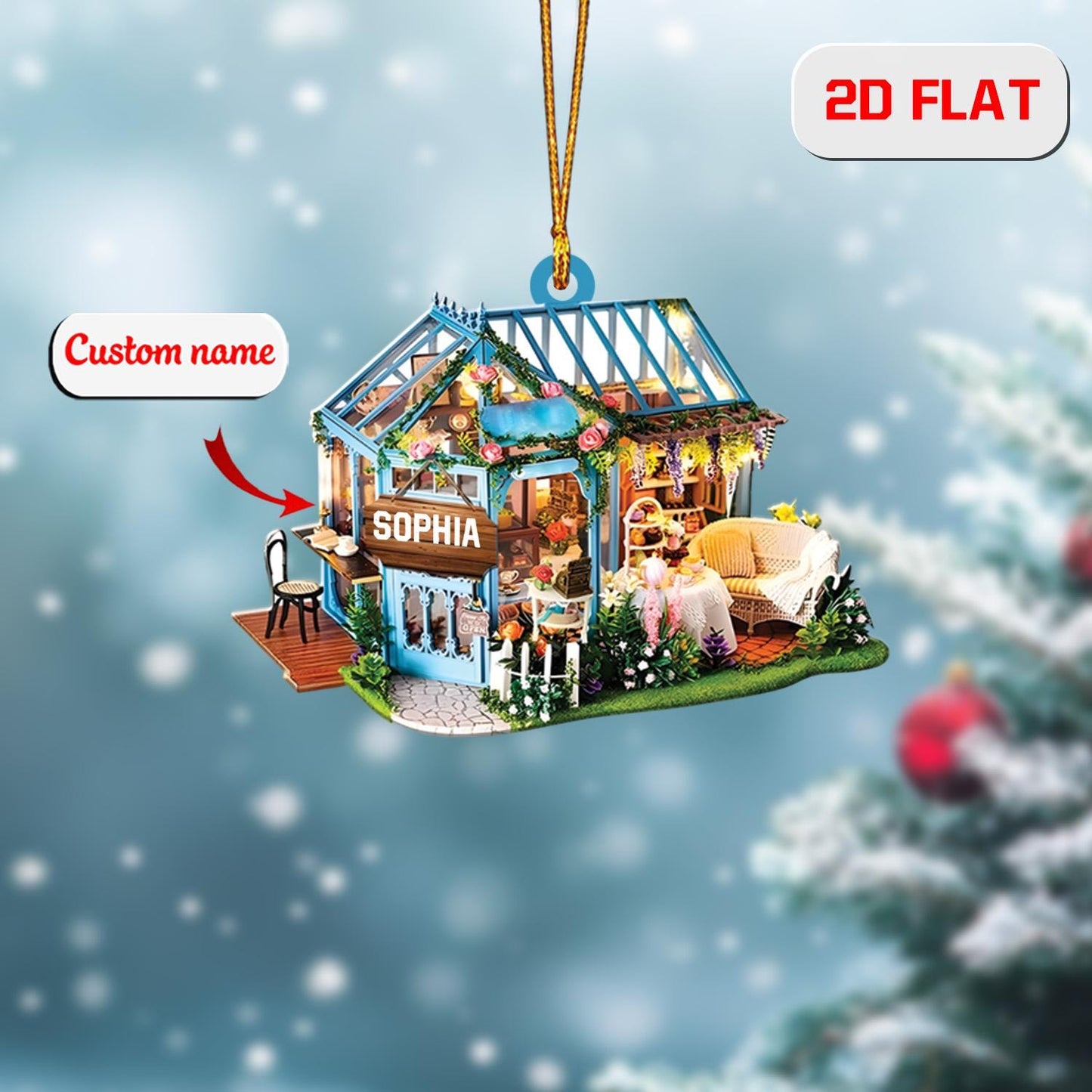 Custom 2D Flat Greenhouse Ornament, Personalized Acrylic Christmas Decoration, Holiday Gift for Gardener Florist Plant Lover Shop Owner