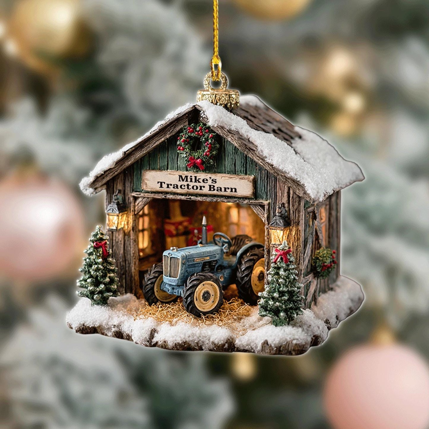 Personalized Tractor Barn Ornament, Custom Farm Christmas Decoration, Rustic Holiday Gift for Farmers & Collectors, 2D Flat ornament