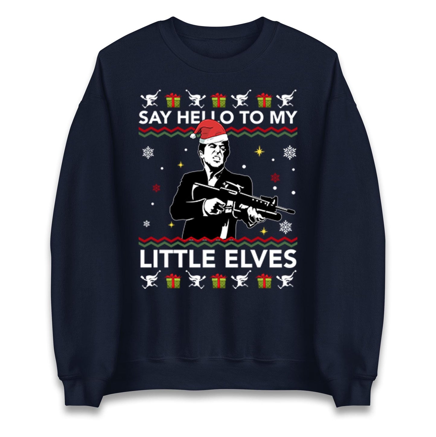Say Hello To My Little Elves Jumper, Funny Scarface Xmas Hoodie, Cool Retro Christmas T Shirt, Humorous Holiday Movie Gift Sweatshirt