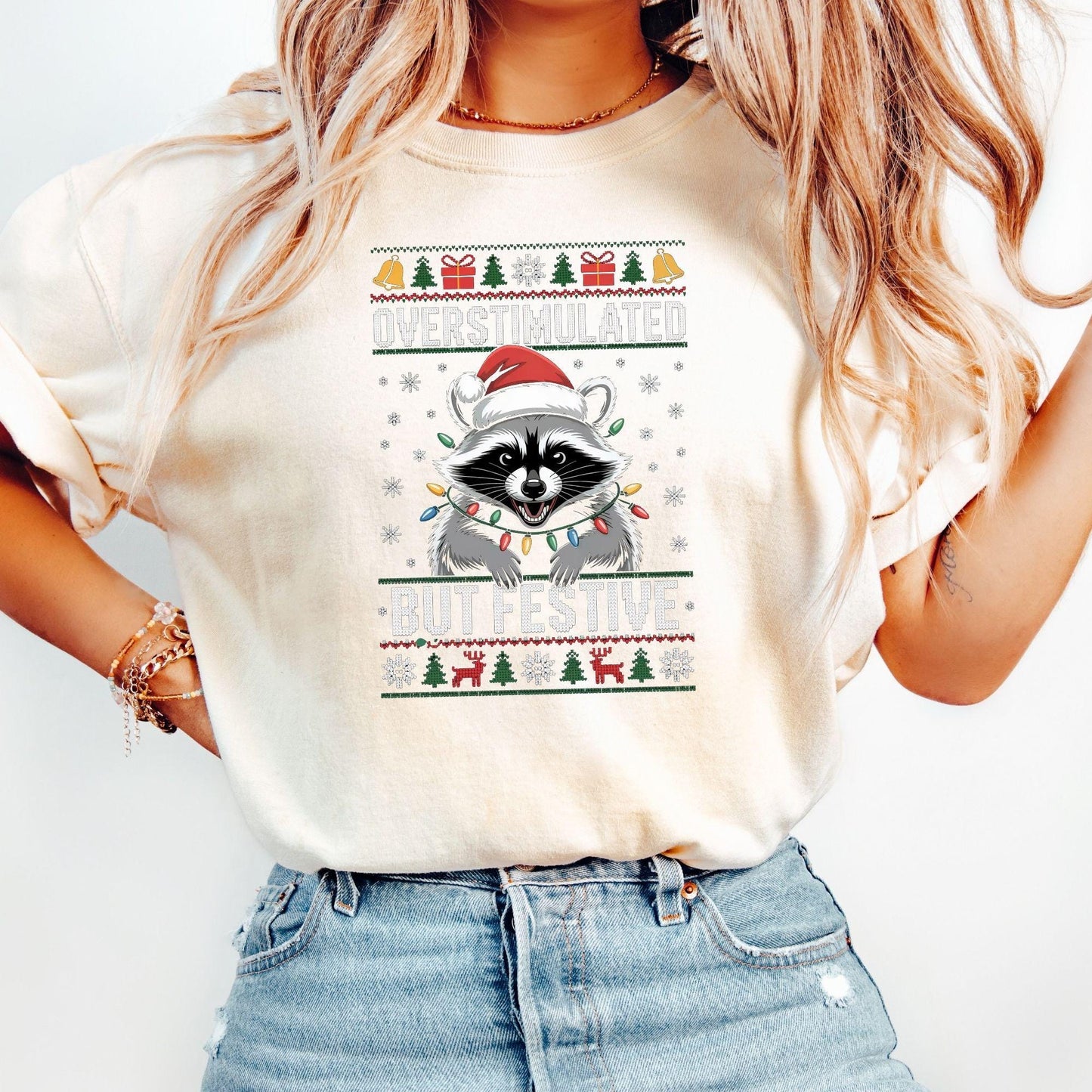 Funny Overstimulated Raccoon Christmas Sweatshirt: Ugly Holiday