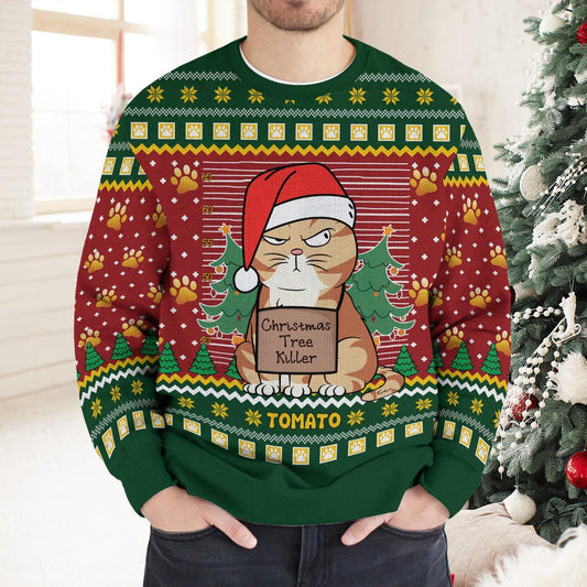 Personalized Funny Cat Christmas Ugly Sweatshirt, Christmas Tree Killer Sweater, Holiday Sweatshirt, Gift for Cat Lovers, Xmas Gift