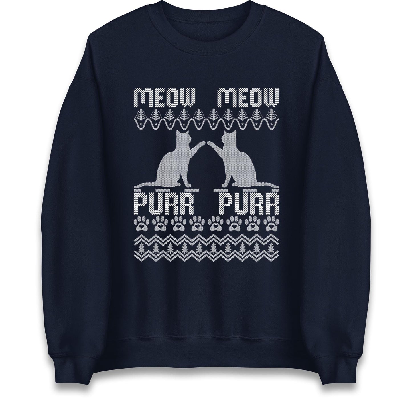 Meow Meow Purr Purr Ugly Christmas Jumper with Cute Cats Design, Funny Xmas Cat Hoodie, Holiday Kitten Lover T Shirt, Festive Gift Top