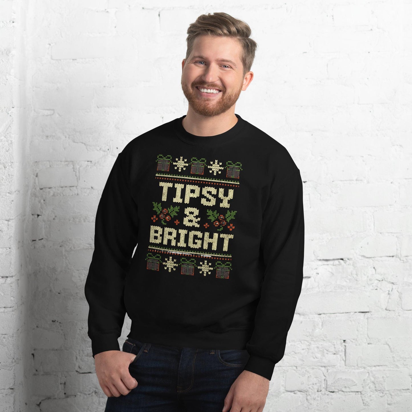 Tipsy and Bright Christmas Jumper | Funny Ugly Xmas | Holiday Drinking Sweatshirt Hoodie | Unisex Festive Party Outfit