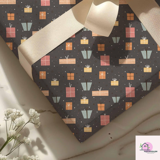 Christmas Gift Wrapping Paper: Pastel Boxes on Charcoal, Festive Holiday Style