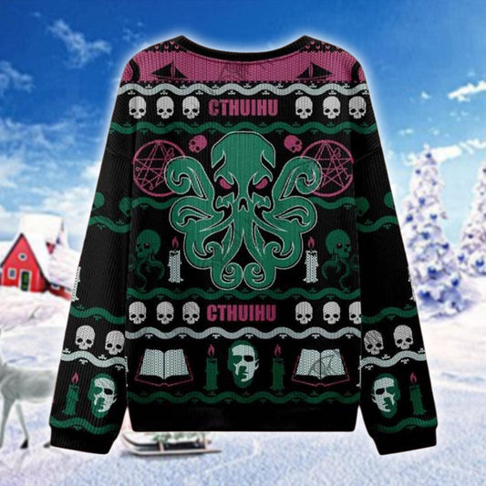 Cthulhu Ugly Christmas Sweater, Lovecraft Holiday Sweater, Horror Book Meme Sweater, Gothic Halloween Xmas Gift for Him Her
