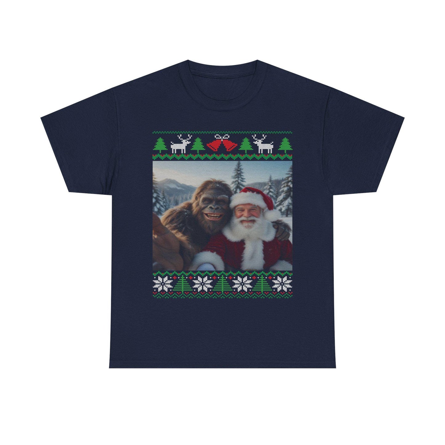 Bigfoot Taking a Selfie With Santa Ugly Christmas Party Design T-shirt for Men and Women Who Love Sasquatch Tee Shirt