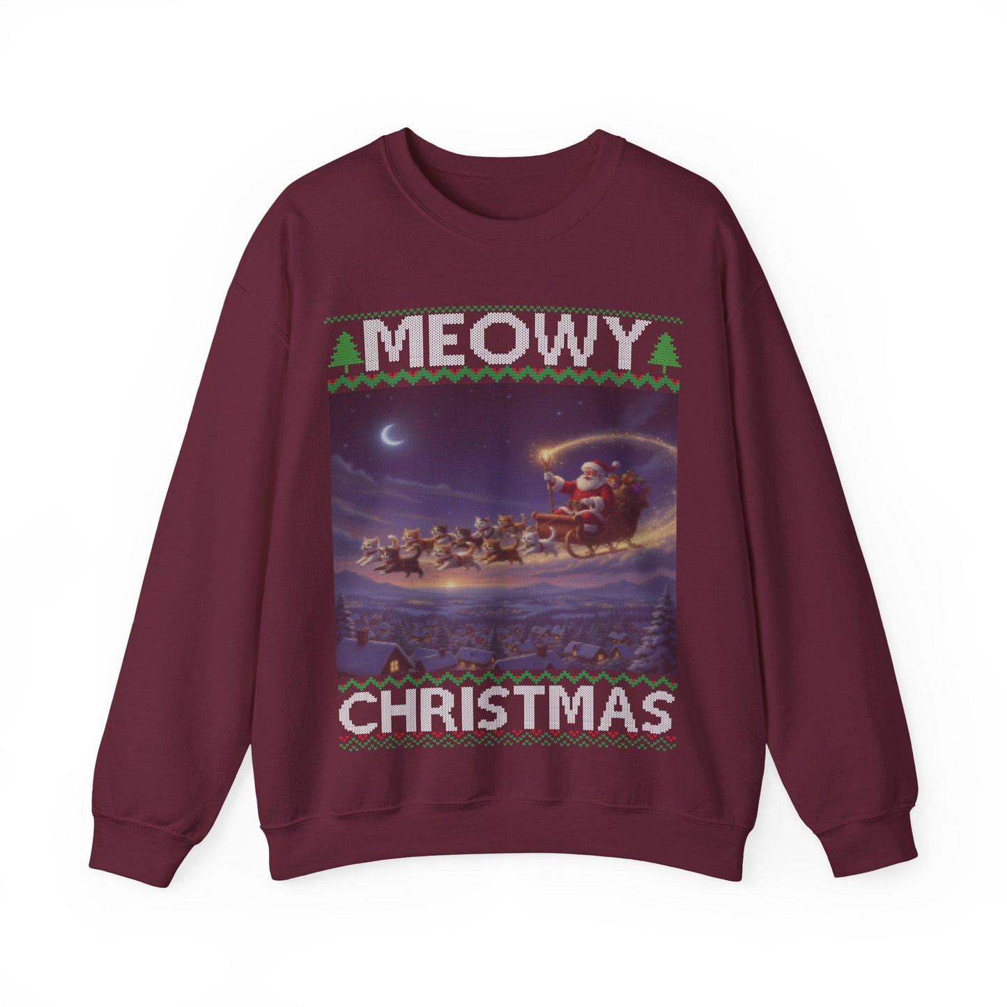 Cat Themed Ugly Christmas Sweatshirt 100% Cotton ; Kittens Pull Santa Sleigh Graphic Design Kitty Tee Shirt