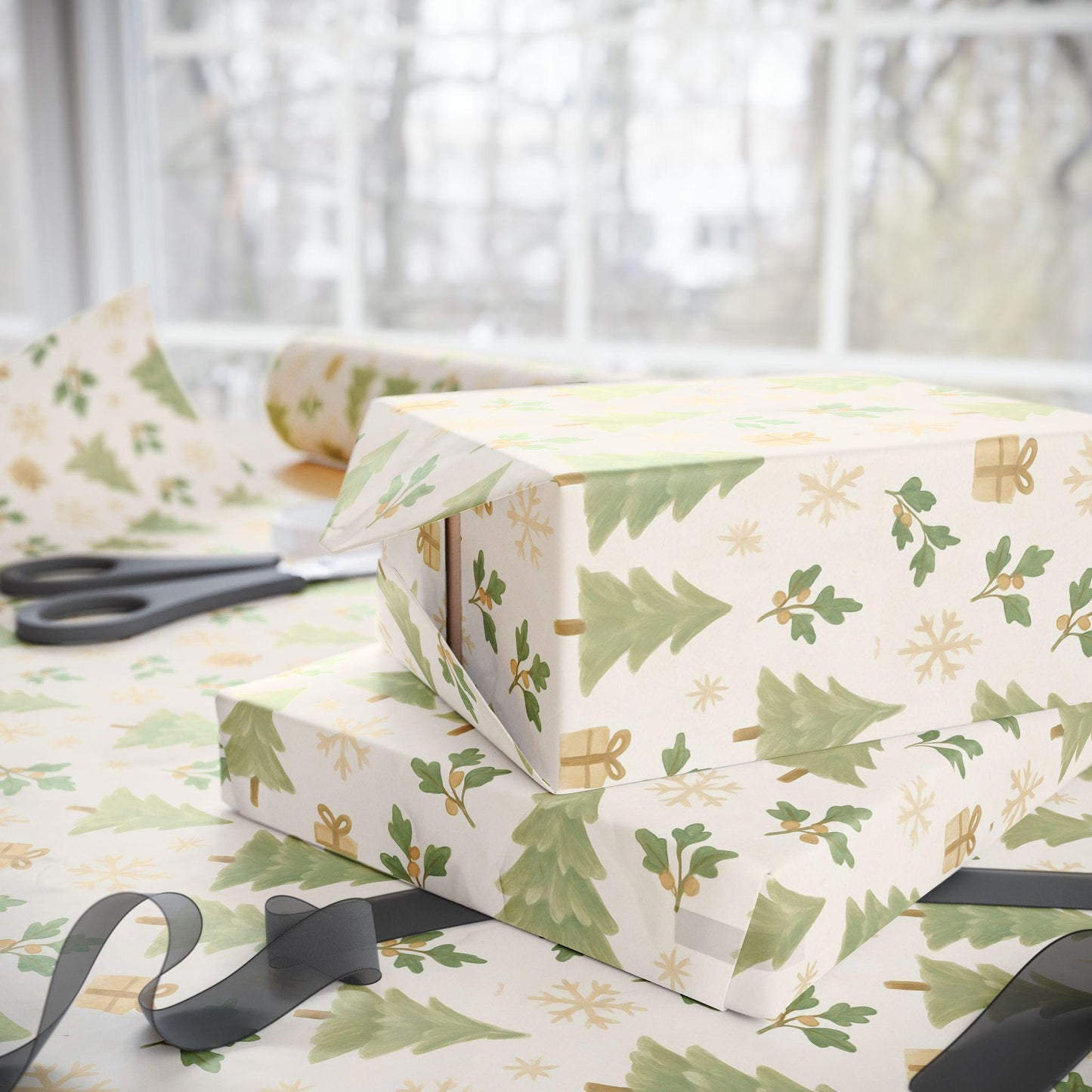 Christmas Tree Wrapping Paper | Elegant Holiday Gift Wrap | Green & Gold Christmas Decor | Winter Gift Wrap | Festive Wrapping Sheets