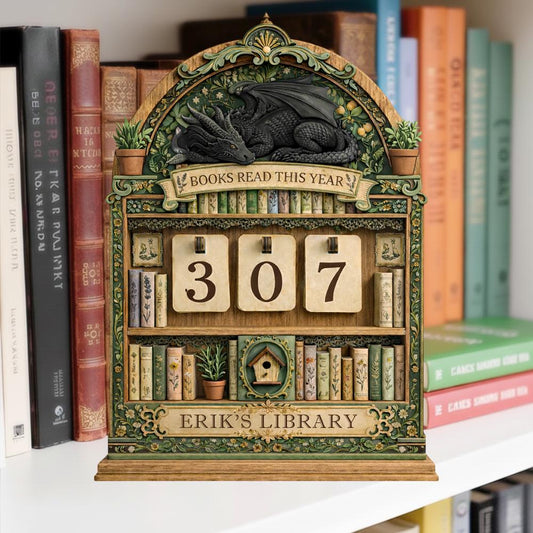 Personalized Books Read Tracker | Green Botanical Dragon Library Decor | Fantasy Reading Challenge Counter Display | Cottagecore Desk Sign