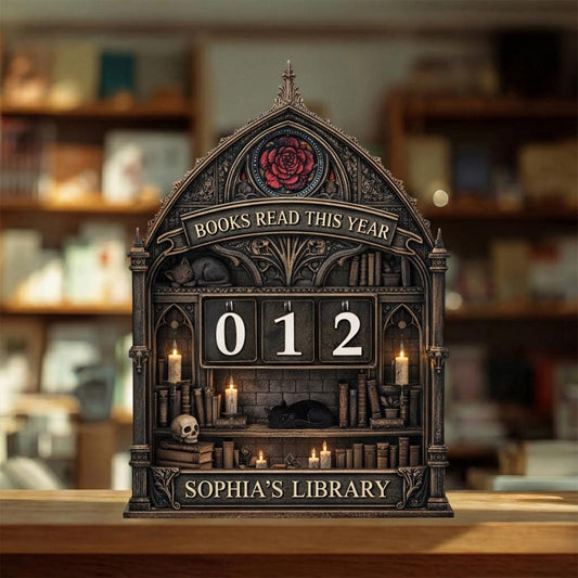 Personalized Wooden Books Read Tracker, Gothic Library Shelf Decor, Custom Name Reading Counter