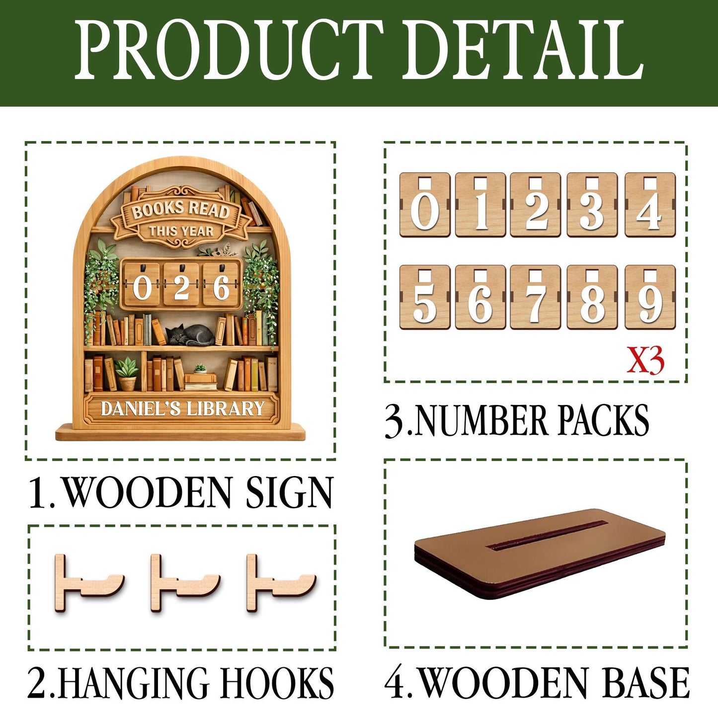 Personalized Wooden Books Read Tracker, Gothic Library Shelf Decor, Custom Name Reading Counter