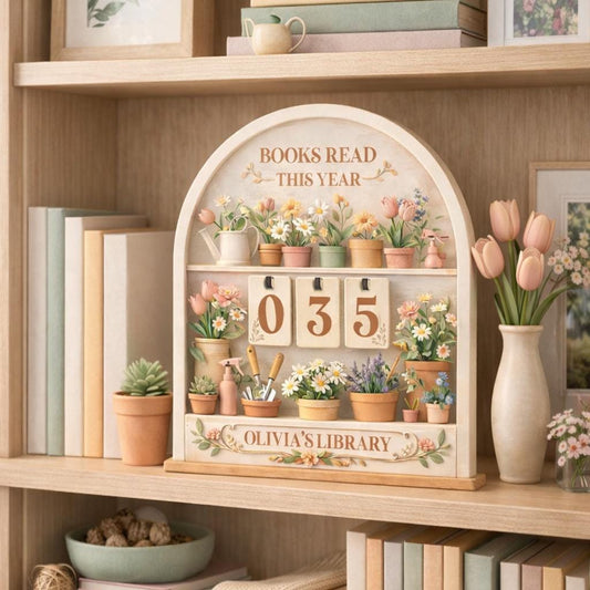 Floral Books Read Tracker, Personalized Library Shelf Decor, Wooden Reader Gift