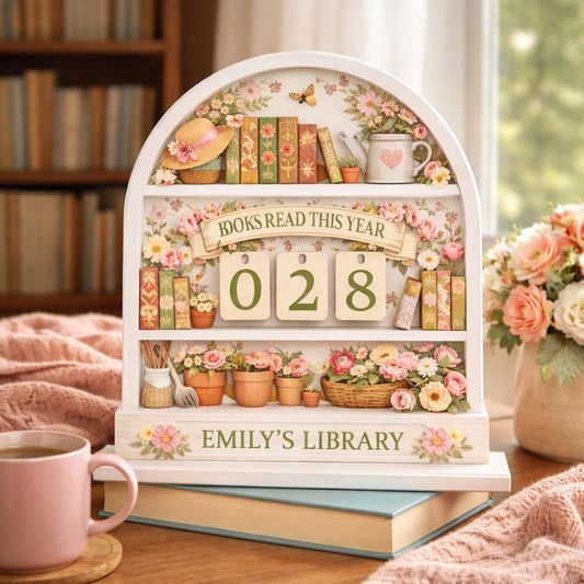 Floral Books Read Tracker, Layered Wood Library Sign, Custom Name Display